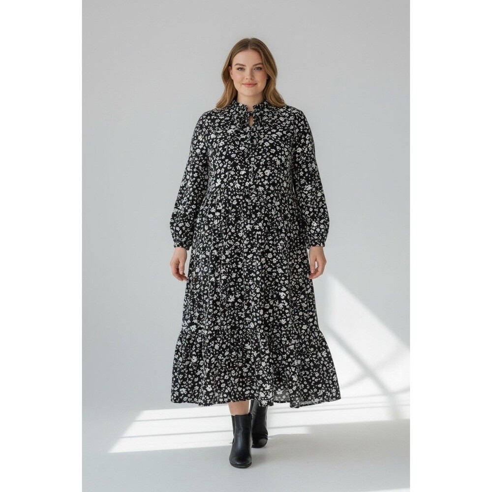 Cottagecore Floral Midi Dress XXL Black White Balloon Sleeve Who What Wear Dress